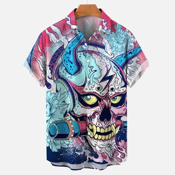 Мужская рубашка оверсайз 3d ужас череп принт лето мода гавайская рубашка лацкан с коротким рукавом топ повседневная одежда мужское биоиспользование