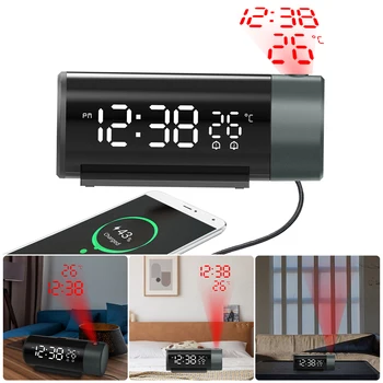 Проекционный будильник Цифровой часовой термометр с поворотом на 180 ° Яркость проектора Диммер USB Выход 5-60 минут Повтор 12/24 часа