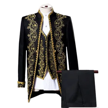 Классический мужской роскошный костюм с вышивкой 3 шт. Черный / белый Модный мужской смокинг, пиджаки и брюки с жилетом