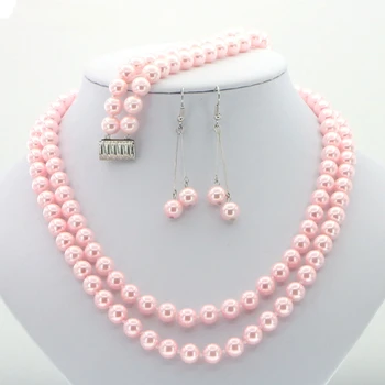 Charm 2 ряда 8 мм розовый жемчуг ожерелье для женщин включая браслеты и серьги 3 шт. AAA оптом подарок девушке на день рождения