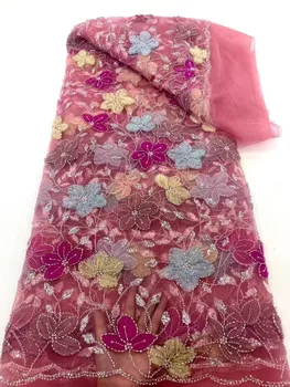  Африканская кружевная ткань 2024 Высокое качество Французские 3D Цветы Пайетки Вышивка Бусины Тюль Кружева Ткань Для Вечернего Платья
