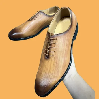  Новые коричневые туфли дерби для мужчин Желтый смешанный цвет Шнуровка Круглый носок Деловая мужская деловая обувь Размер 38-46
