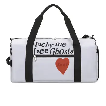 Lucky Me I See Ghosts Спортивная сумка Тренировочные спортивные сумки с принтом красного сердца Мужской женский дизайн Большая графическая сумка для фитнеса Сумки выходного дня