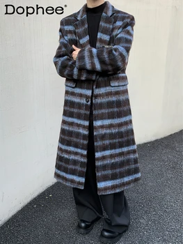 Высококачественное пальто в клетку контрастного цвета, мужское длинное пальто над коленом, мягкое плечевое шерстяное пальто, все в тон утолщенные смеси