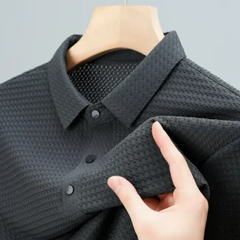 2023 Лето Новая мужская полая рубашка-поло с короткими рукавами Ледяной шелк Дышащая деловая модная футболка Мужская одежда