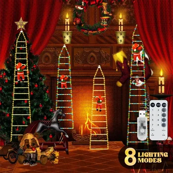  Рождественские украшения Светодиодная лестница Огни с восходящим Санта-Клаусом Рождественские огни для наружного внутреннего сада Стена Рождественская елка Декор