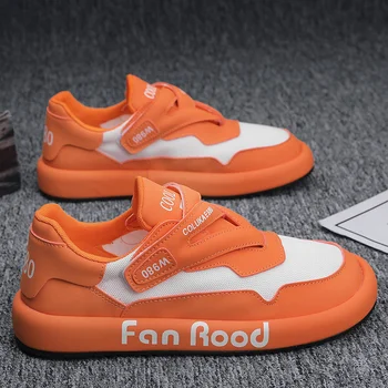 Мода Оранжевый Hook & Loop Мужская повседневная обувь Уличная одежда Хип-хоп Дизайнерская обувь Мужские кроссовки на плоской подошве Дышащие парусиновые кроссовки Мужчины