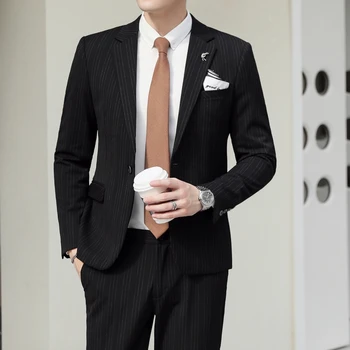 Новый (блейзер + брюки) Мужская мода Джентльмен Повседневная Несколько стилей Полосатая Свадьба Элегантный корейский Тонкий Бизнес Набор из 2 предметов