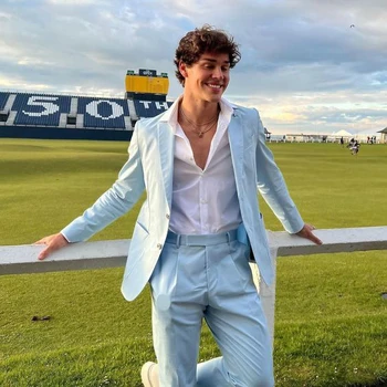 Шикарный небесно-голубой однобортный мужской костюм Мода Пик Лацкан Однобортный блейзер с брюками Элегантный повседневный свадебный шафер жених смокинг